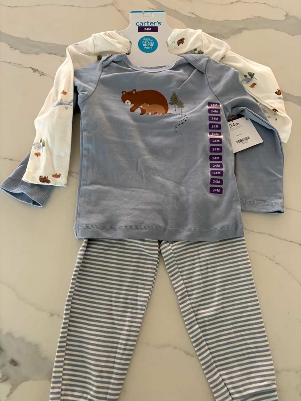 Carter's Light Blue Bear Pajama Set with Striped Pants